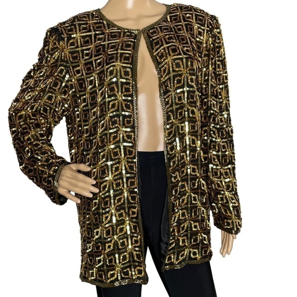 Vintage Tops - Carina Vintage gold sequin silk top with hook and eye Large